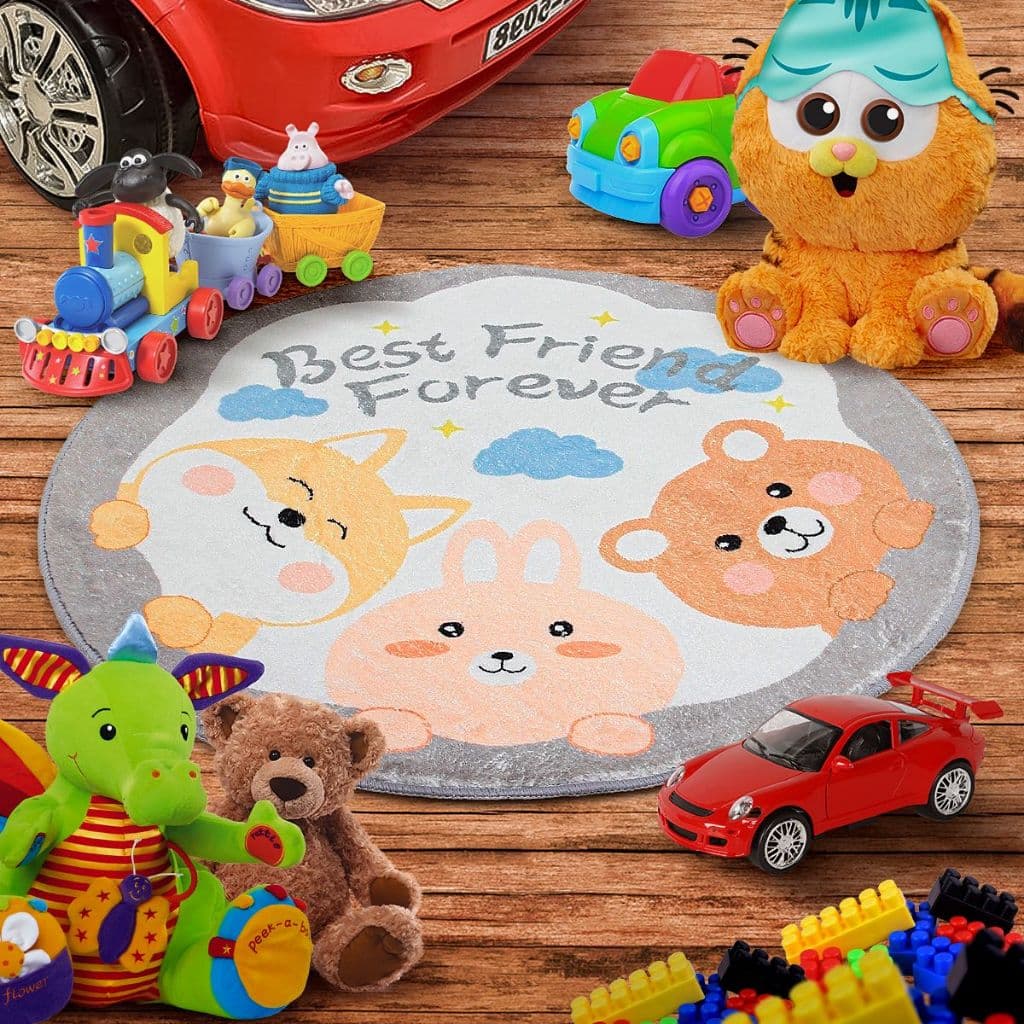 Tapete Redondo Decorativo Infantil Quarto Antiderrapante 80cm Poliéster Leão Urso Alfabeto Letras
