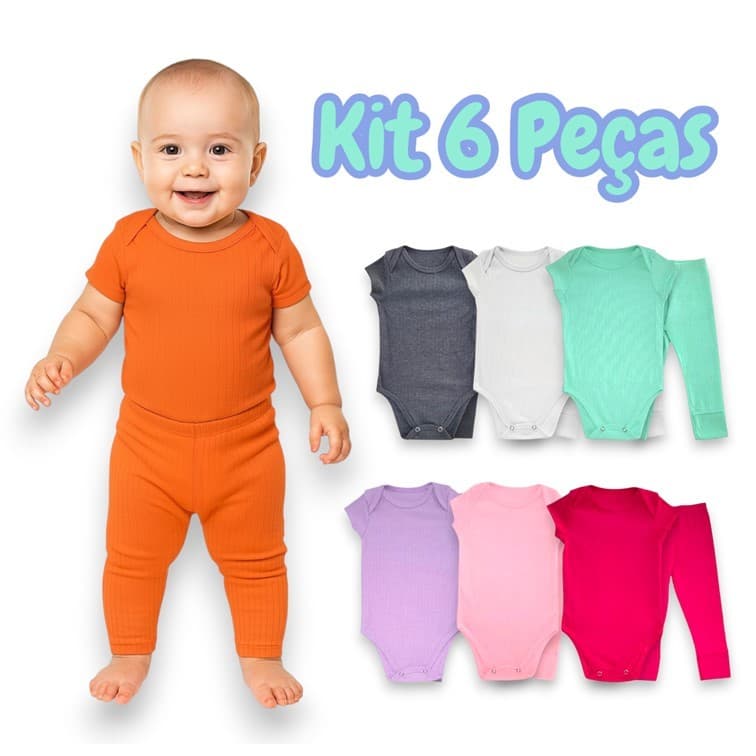 Kit 6 Peças Bebê body com Mijão Pagão Canelado Menina e Menino Kit 3 Body Conjuntos