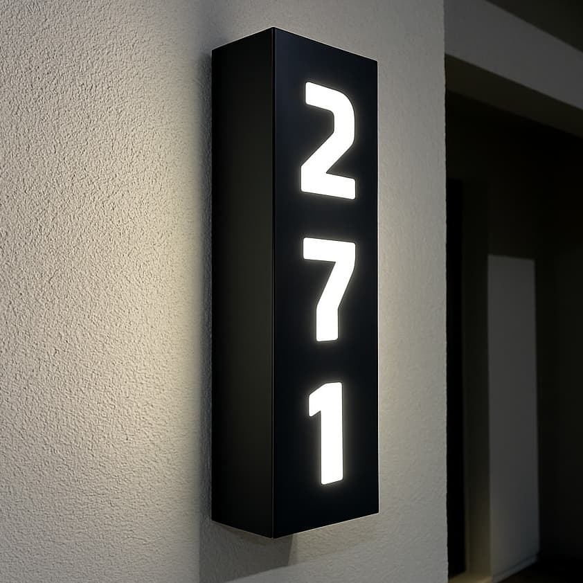 Placa De Número Residencial Preto Brilhante Com LED Branco Casa Condomínio Comércio Alto Padrão