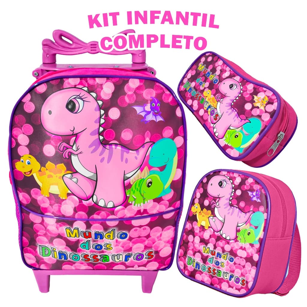 Kit Mochila de Rodinha Mundo Dos Dinossauro Rosa Pequena Infantil Escolar Estojo 1 Ziper Menina  Lancheira Térmica
