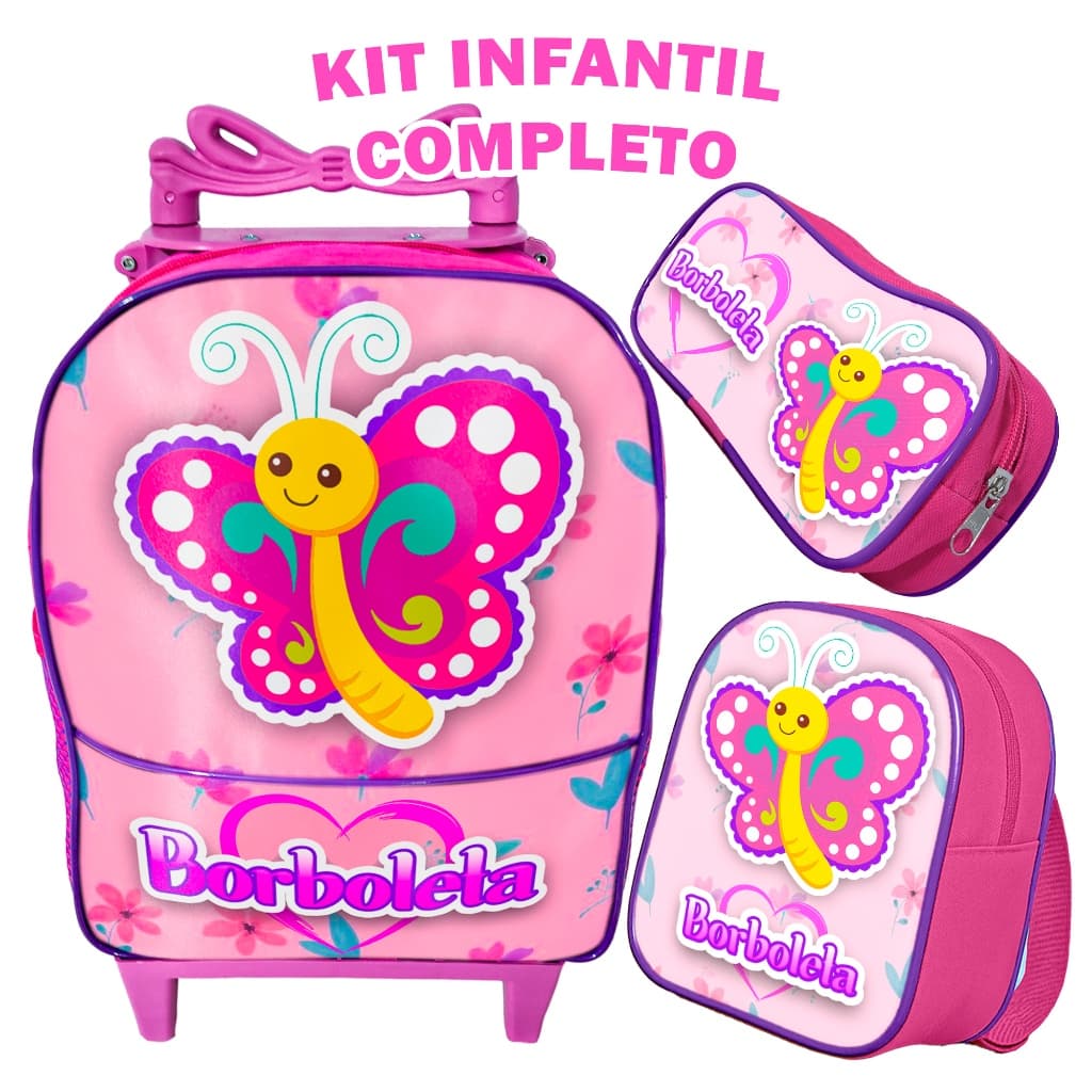 Kit Mochila de Carrinho Infantil Estampa Borboleta Rosa Estojo e Lancheira Térmica – Menina Resistente Volta As Aulas