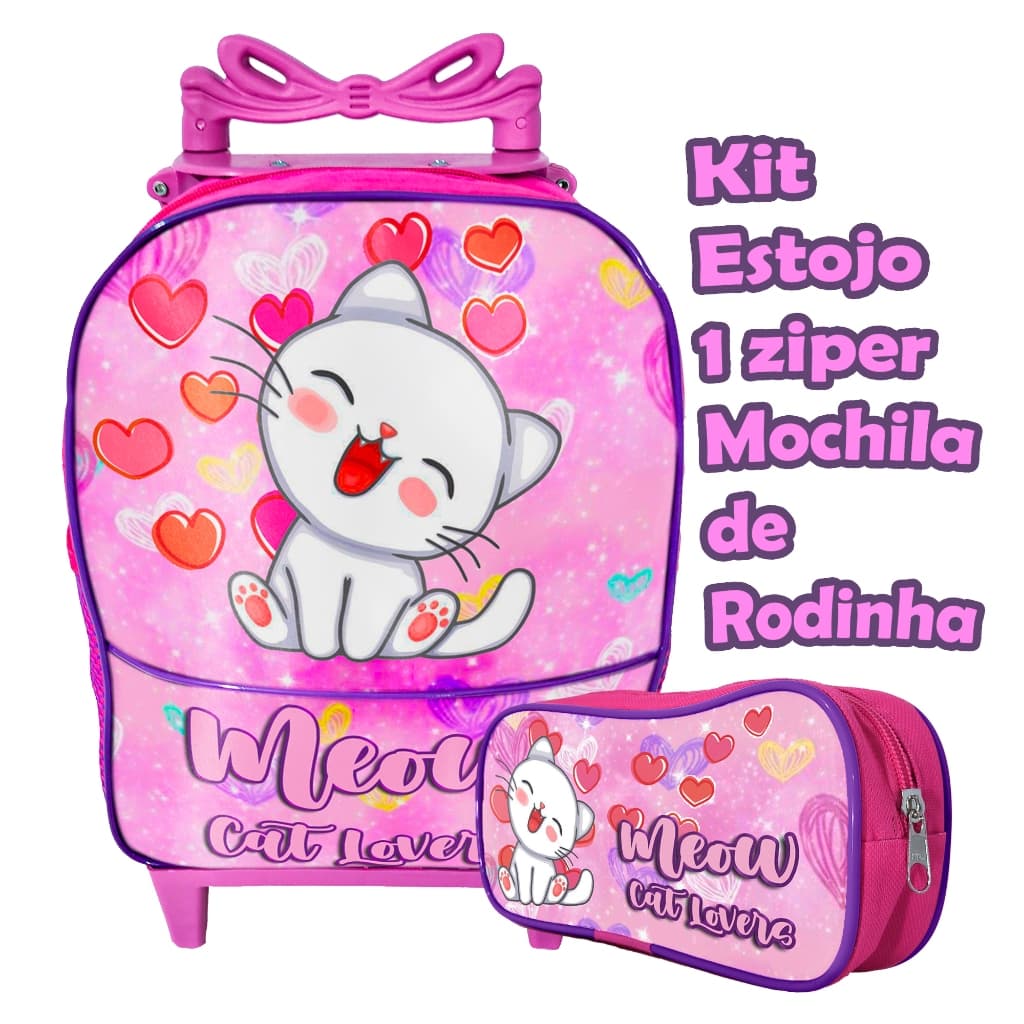 Mochila Escolar de Rodinha - Gatinho Rosa  Estojo  Infantil Simples 1 Ziper  para Meninas até 5 Anos
