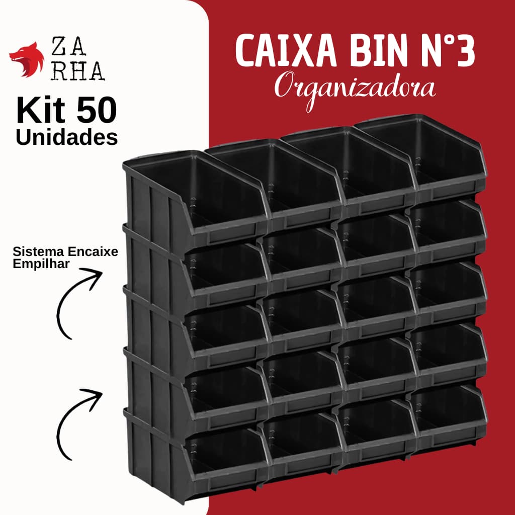 Caixa Bin Nº 03 Preta MAGUS com 50 Unidades – Empilhável, Plástica e Resistente para Organização