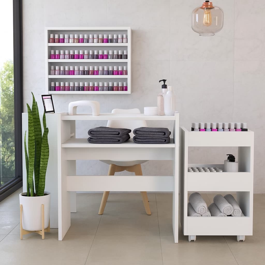 Kit Mesa Manicure Branco Profissional com Carrinho Auxiliar para Salão