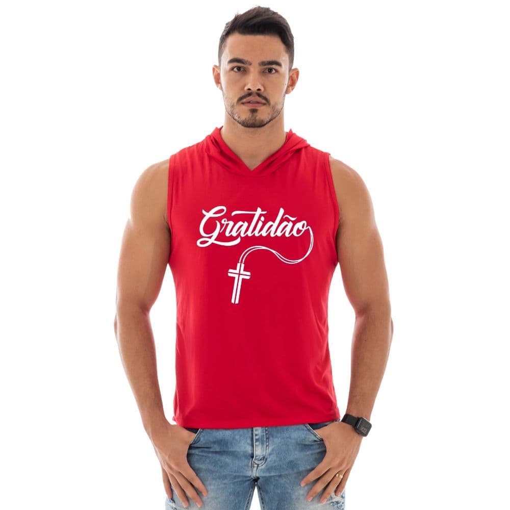 Camiseta Regata Masculina Com Capuz Machão Academia Estampa Gratidão