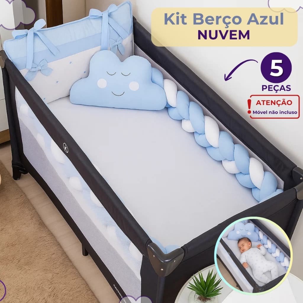 Kit Berço Cercado Chiqueirinho Portátil para Meninos Azul com Estampa de Nuvem Confortável