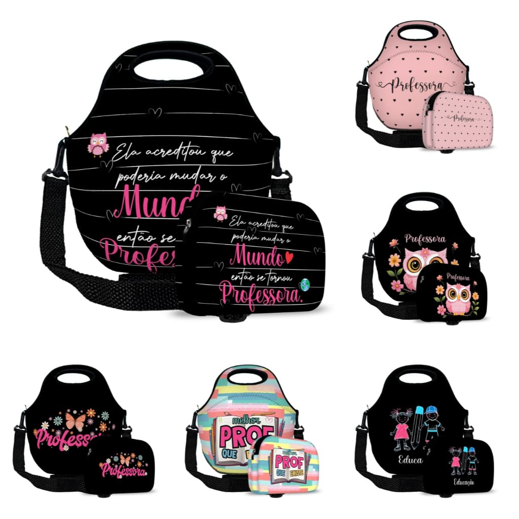 Kit  Presente Lancheira Térmica + Necessarie  Em Neoprene Especial   Dia dos Professores Varias Estampas