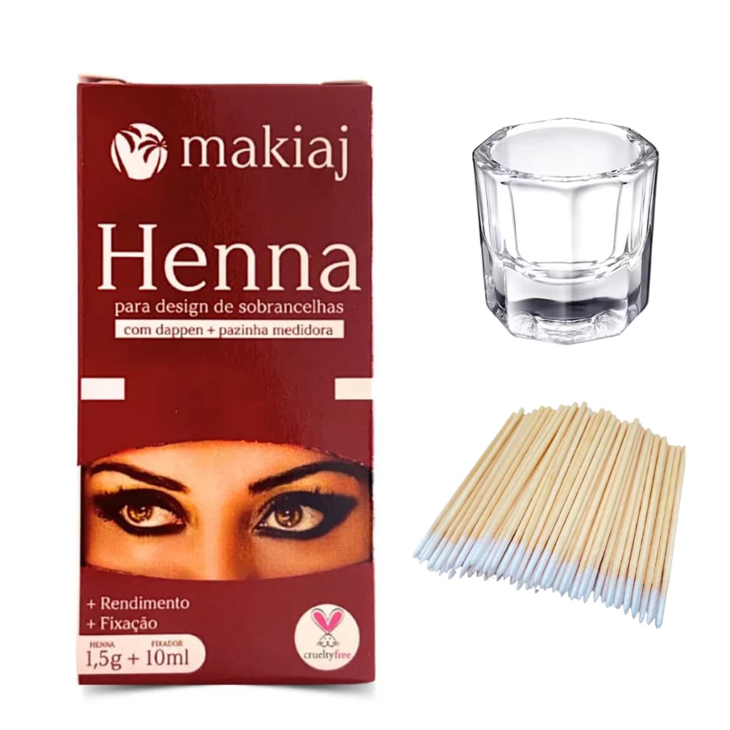 Henna makiaj para sobrancelhas com fixação e efeito natural + BRINDE ESPECIAL (Dappen + 100 Palitos)