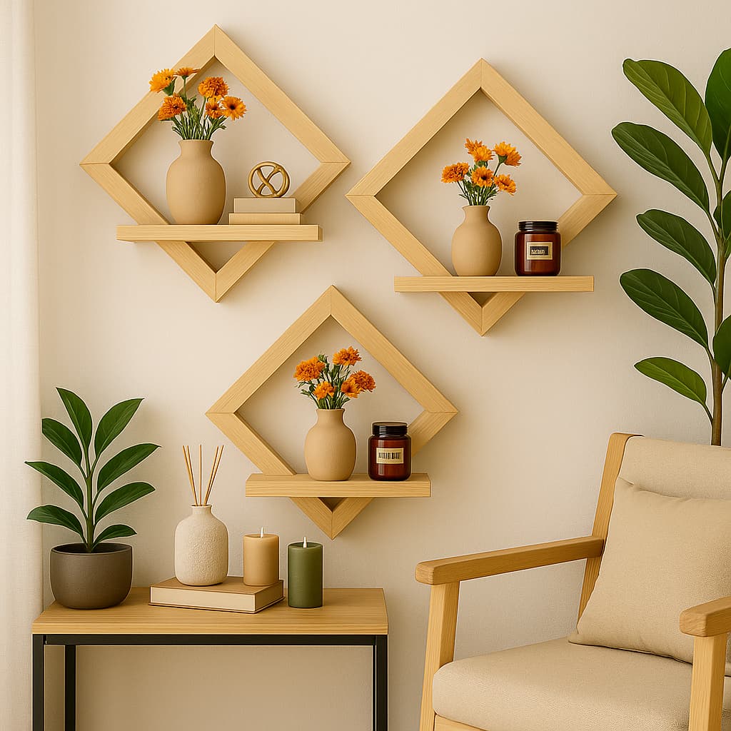 Prateleira Losango de Parede – Conjunto 3 Unid Madeira Pinus Natural Decorativa Estilo Escandinavo