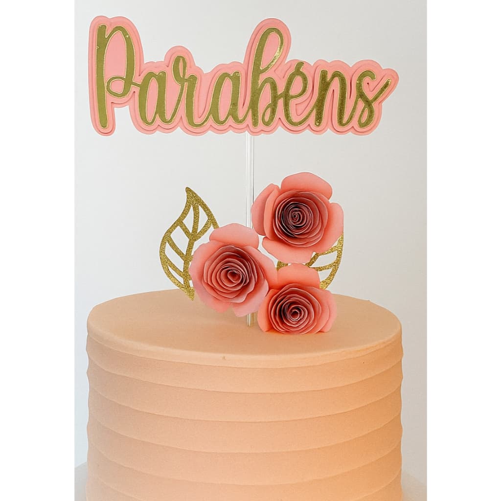 Topo de bolo parabens dourado com flor 3D decoração de bolo enfeite para bolo parabéns envio rápido