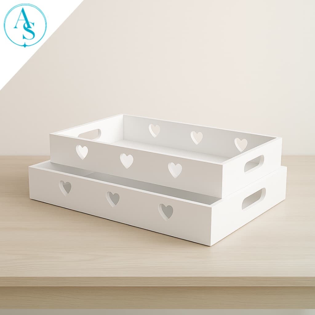Kit Duas Bandejas Corações P e M Em MDF Branco Clássica Decorações Casa