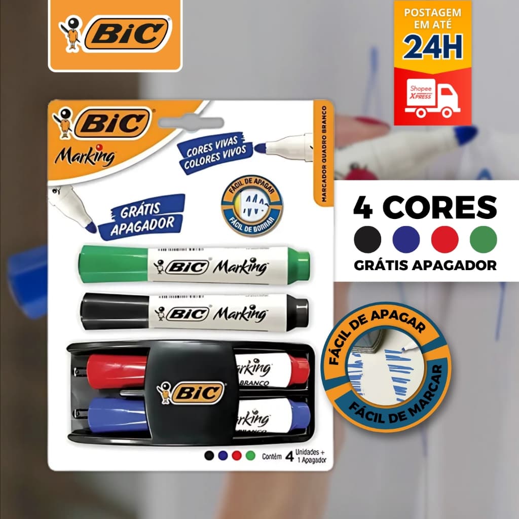 Pincel Bic para Quadro Branco Recarregável 04 Canetas Mais Apagador