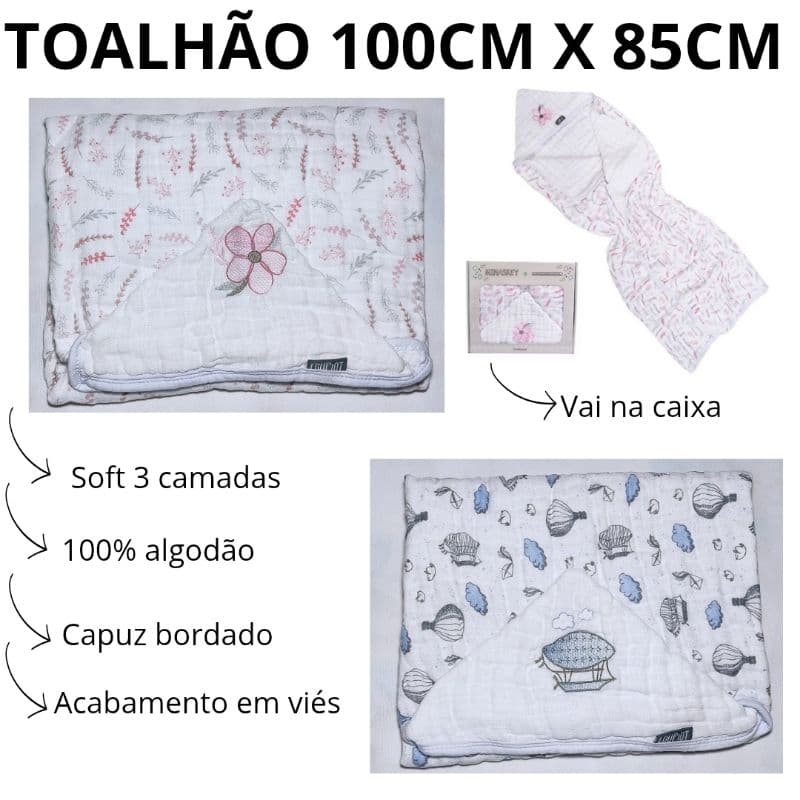Toalha de banho bebê capuz bordado Toalhão 100 x 85 3 camadas fralda soft p/ Presente vai na caixa