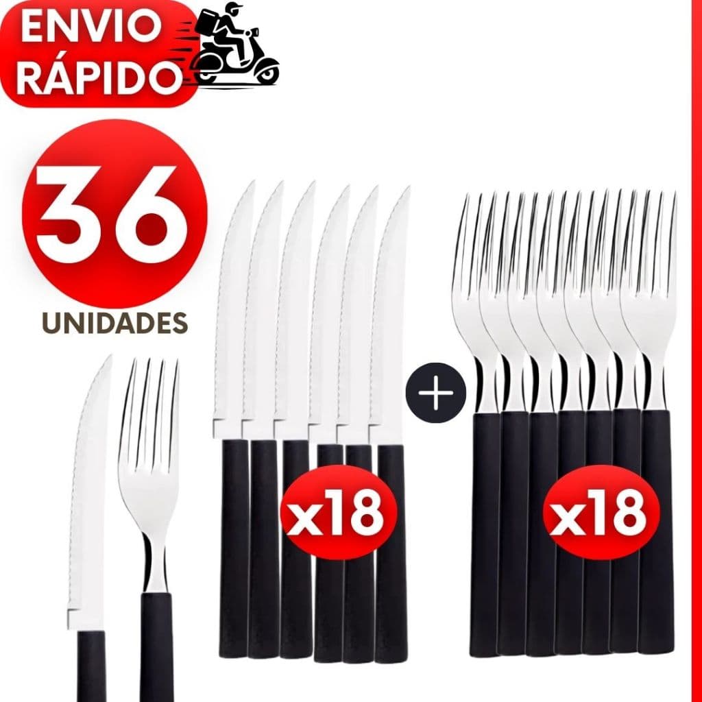 Kit 36, 18 ou 12 Talheres Garfos Facas de Inox Cabo Preto para Churrasco Jantar Bares e Restaurante