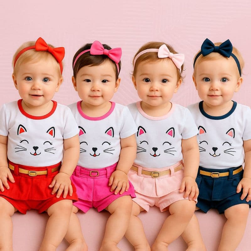 Kit Conjunto Infantil Bebê Baby Menina  Camiseta e Short Saia 100% Algodão com Cinto Dourado