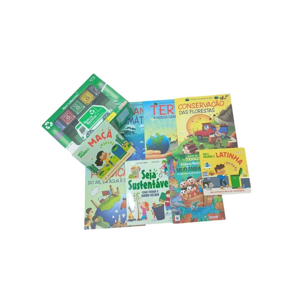 Projeto Meio Ambiente com 8 livros + Carrinho vamos Reciclar em MDF