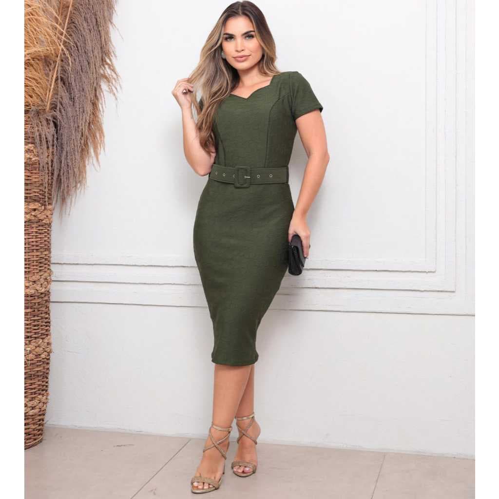 Vestido Tubinho Feminino Justo com Cinto Elegante Moda Social Festa Casual