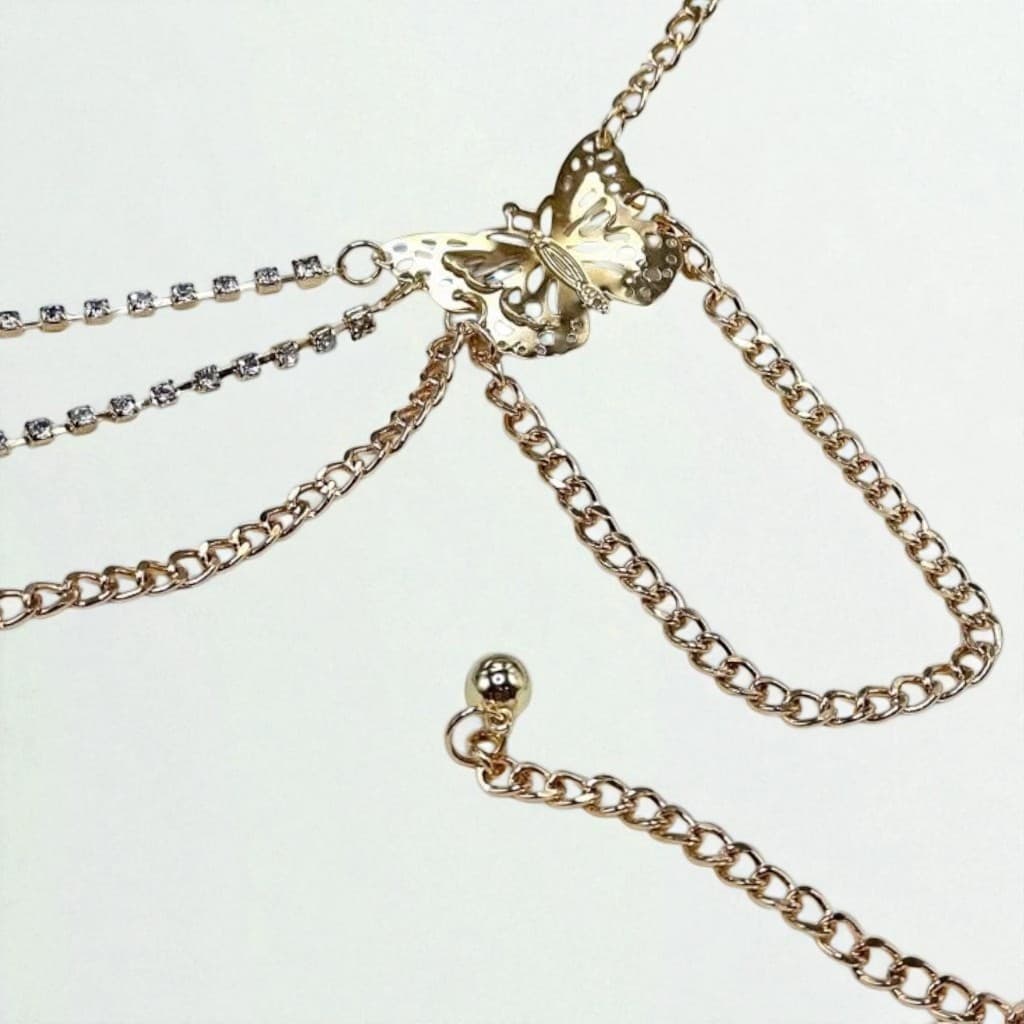 Cinto Feminino De Metal Corrente Tripla Borboleta E Pedrarias Dourado Prata