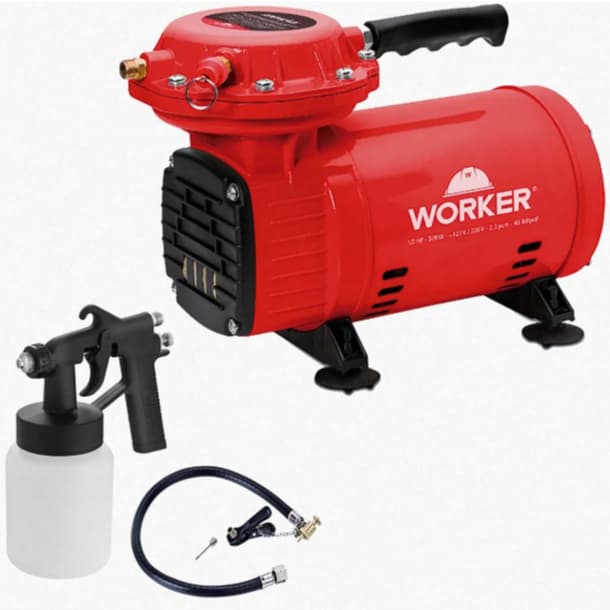 Compressor de Ar Direto Worker Bivolt 40 PSI 2,8 Bar Portátil com Kit Pistola de Pintura
