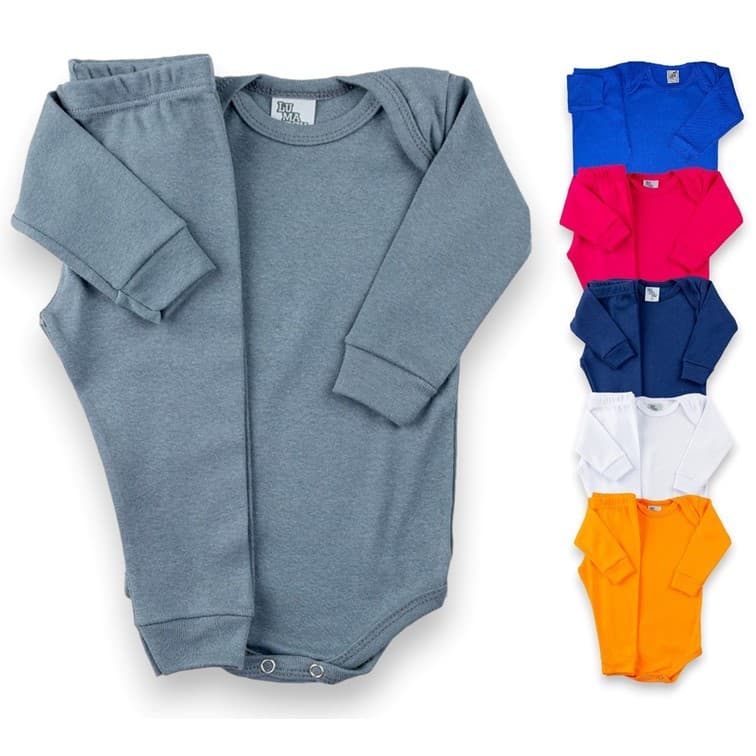 Body Liso Bebe Manga Longa Menino e Meninas 2 peças - Body e Calça Mijão Roupa de Bebê Infantil