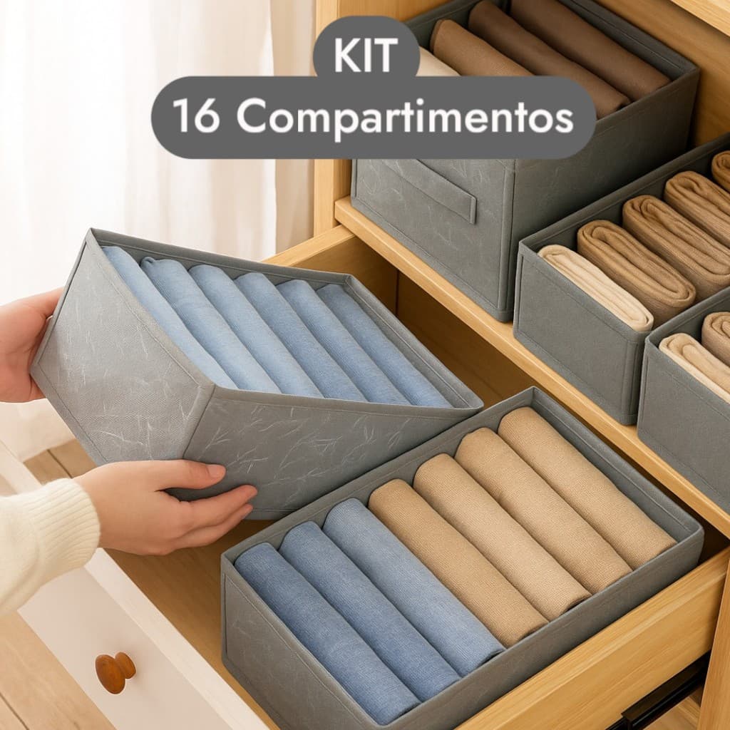 KIT 2 Organizador De Gavetas com 8 Divisórias em Tecido Cinza para Roupas e Acessórios
