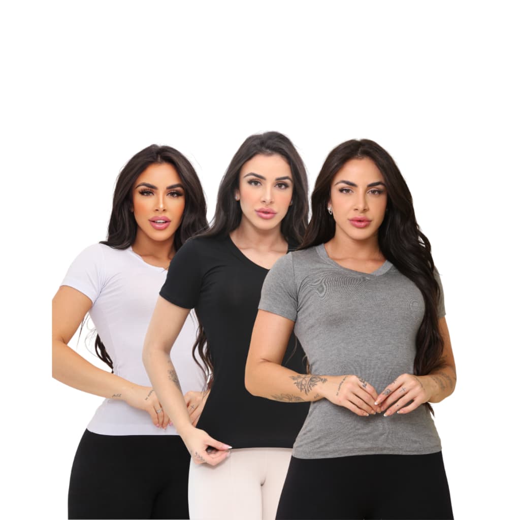 Blusas baby look  Tendência gola V viscolycra t shirt kit c/ 3 peças