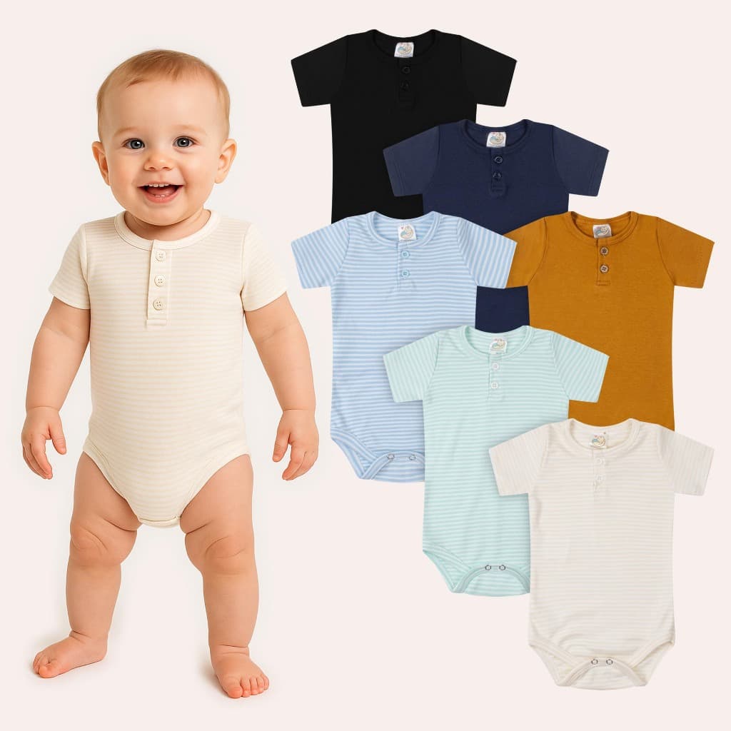 Kit 6 Peças Body Infantil Bebê Manga Curta 100% Algodão Liso Listrado Menino Menina Tamanhos P/M/G/GG/1/2