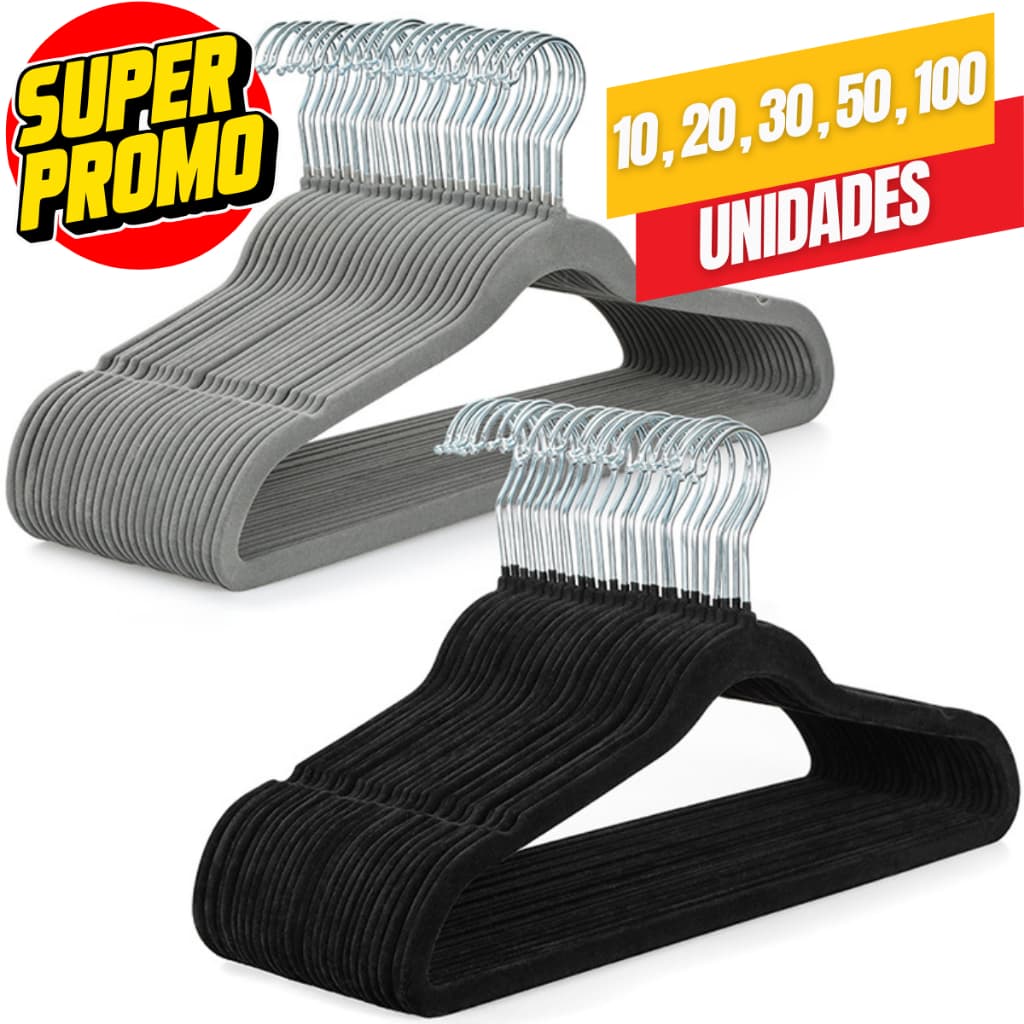 Cabide de Veludo Adulto Slim Antideslizante Premium | Preto e Cinza | Kit 10 a 50 Unidades