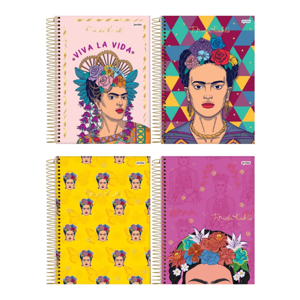 CADERNO UNIVERSITÁRIO FRIDA KAHLO CAPA DURA, ADESIVOS, 160 FOLHAS 56g TAMANHO A4 JANDAIA.