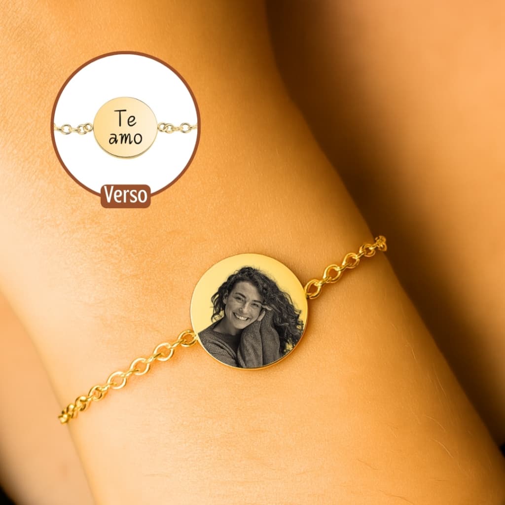 Pulseira Medalha Foto Personalizada Fotogravação à Laser Banhado a Ouro 18K ou Prata