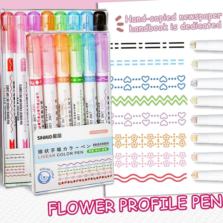 Kit 6 Unidades Canetas Carimbos Roller Stamp Com Desenhos Formas Curvas Papelaria Fofa