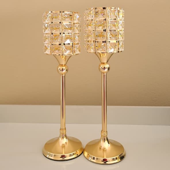 Porta - Velas Castiçal  Dourado Elegance – 32cm com cristal