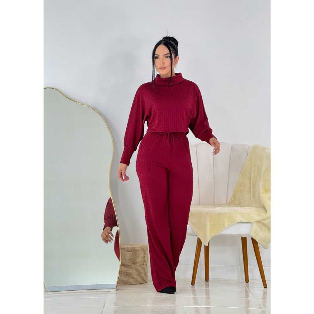 Conjunto Feminino de Inverno Blusa Manga Longa E Calça Pantalona Com ELastico Na Cintura E Bolsos Funcionais- Elegante