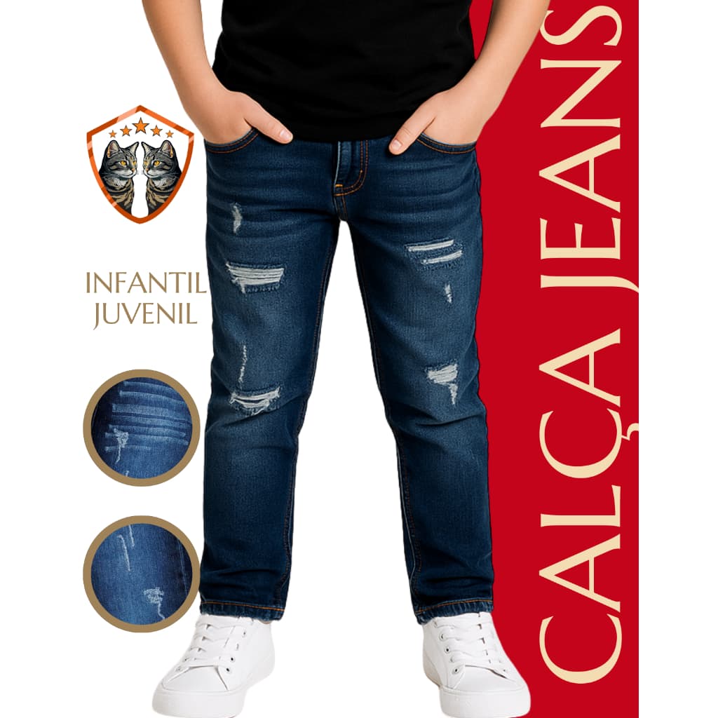 Calça Jeans Azul Listras Menino Masculino Juvenil Moderna Linda Escolar Tamanhos 2 4 6 8 10 12 14 16