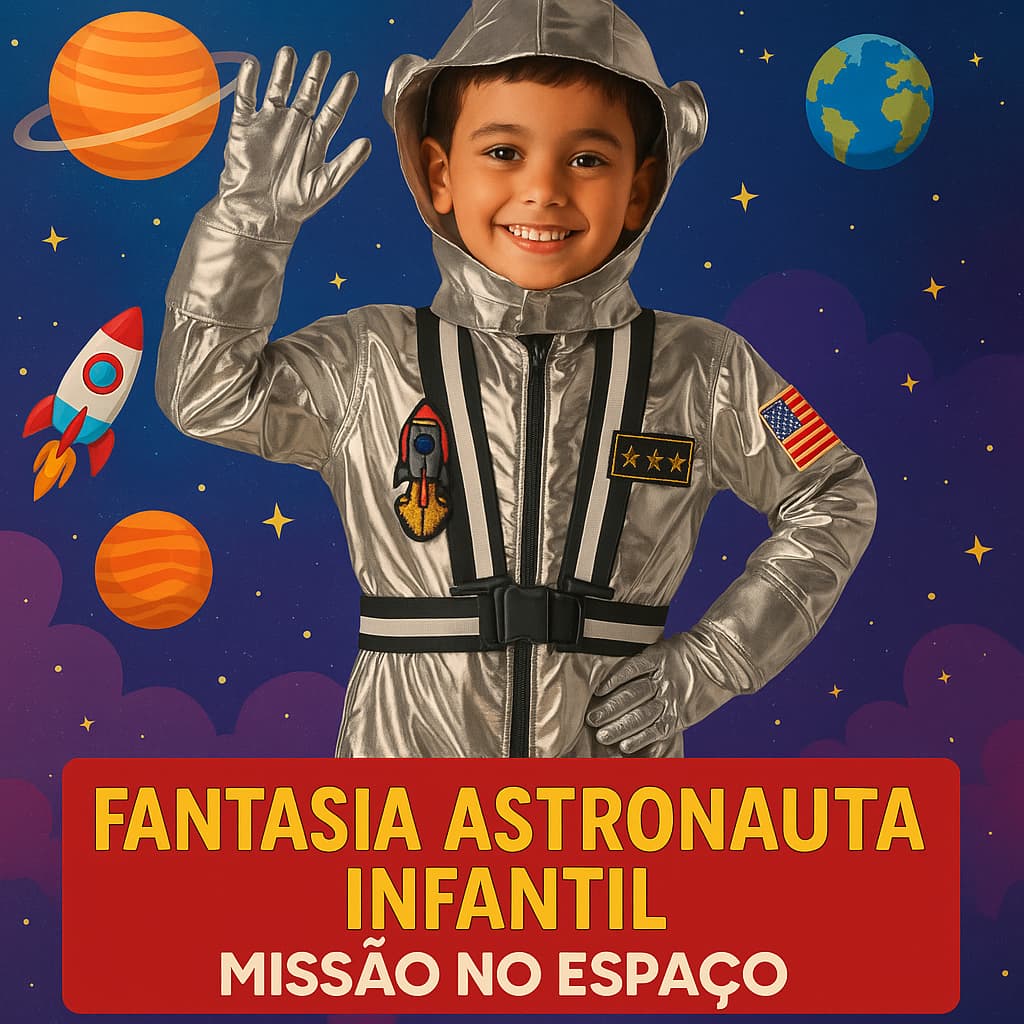 Fantasia de Astronauta Infantil Completa Prateada – Macacão, Luvas, Cinto e Touca. Muita Diversão!