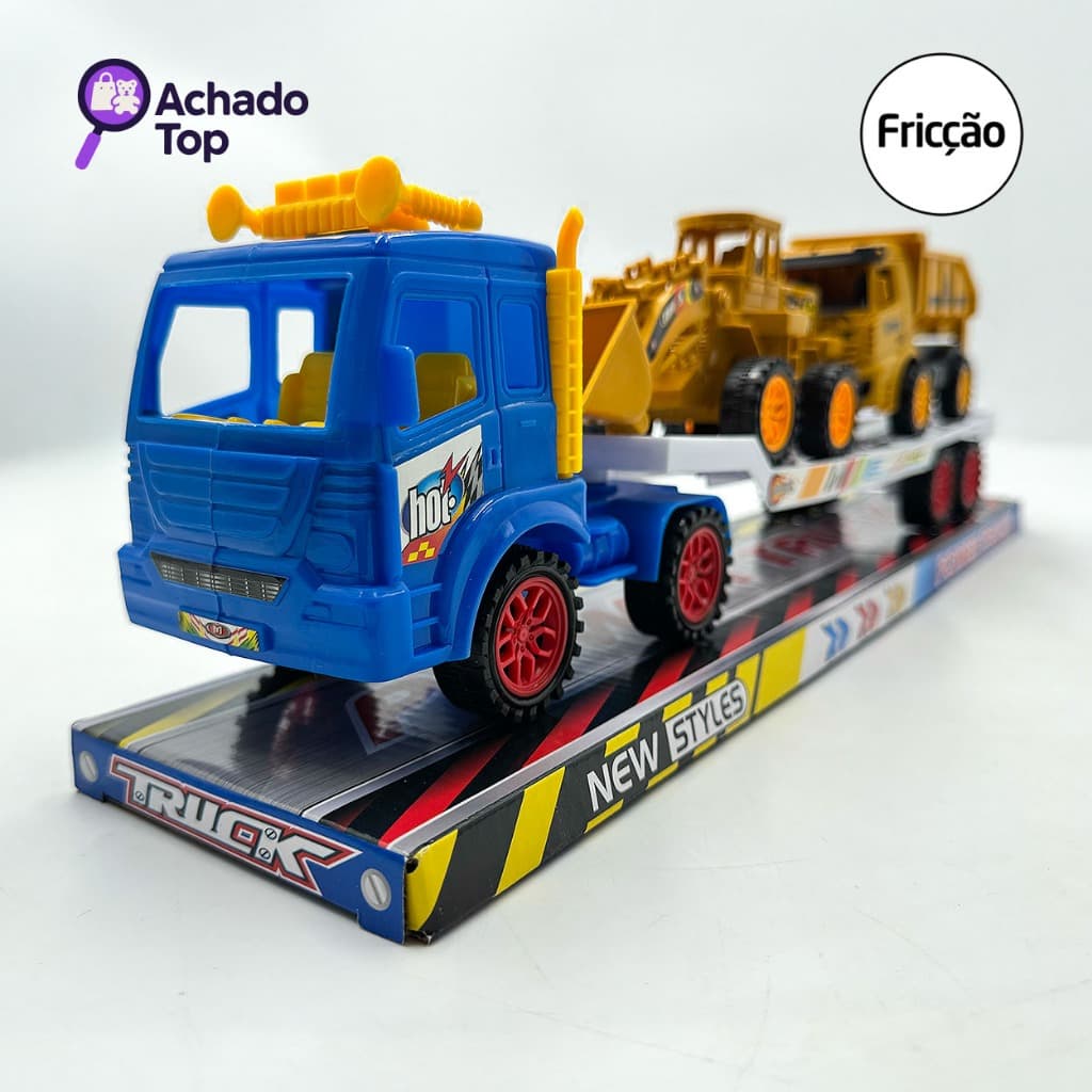 Caminhão Reboque com Carregadeira e Caminhão Caçamba - 42cm, Brinquedo de Construção Infantil