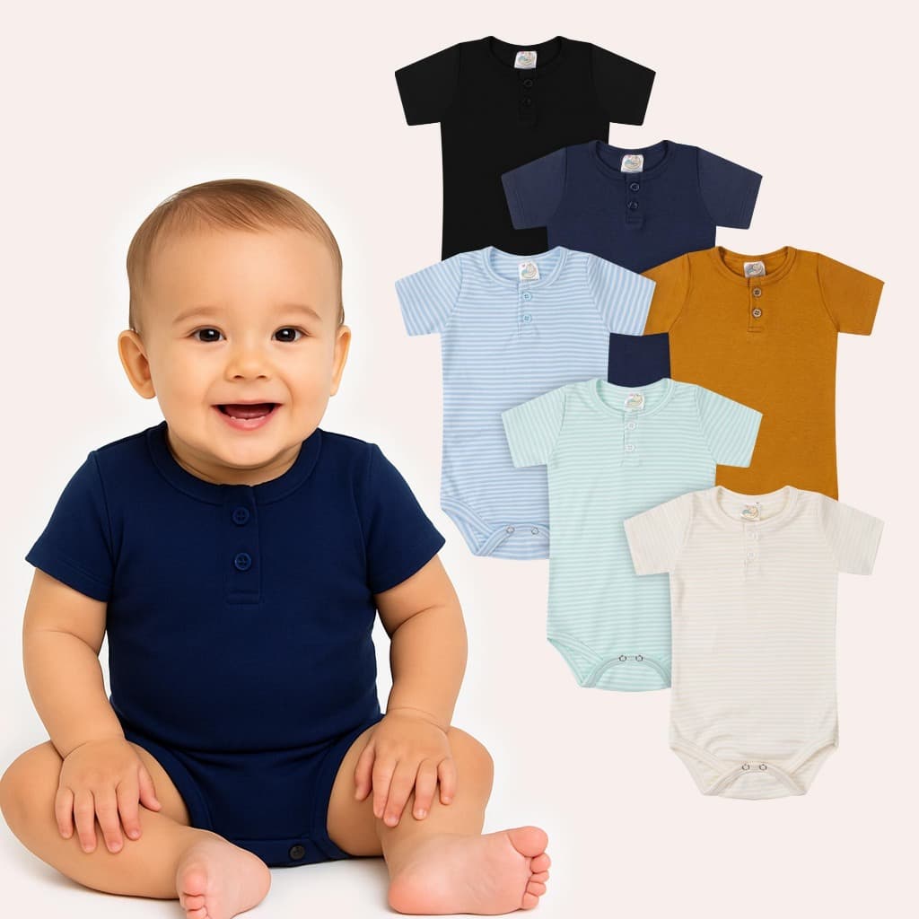 Kit 3 Peças Body Infantil Bebê Manga Curta Algodão Liso Listrado Menino Menina Tamanhos P/M/G/GG/1/2
