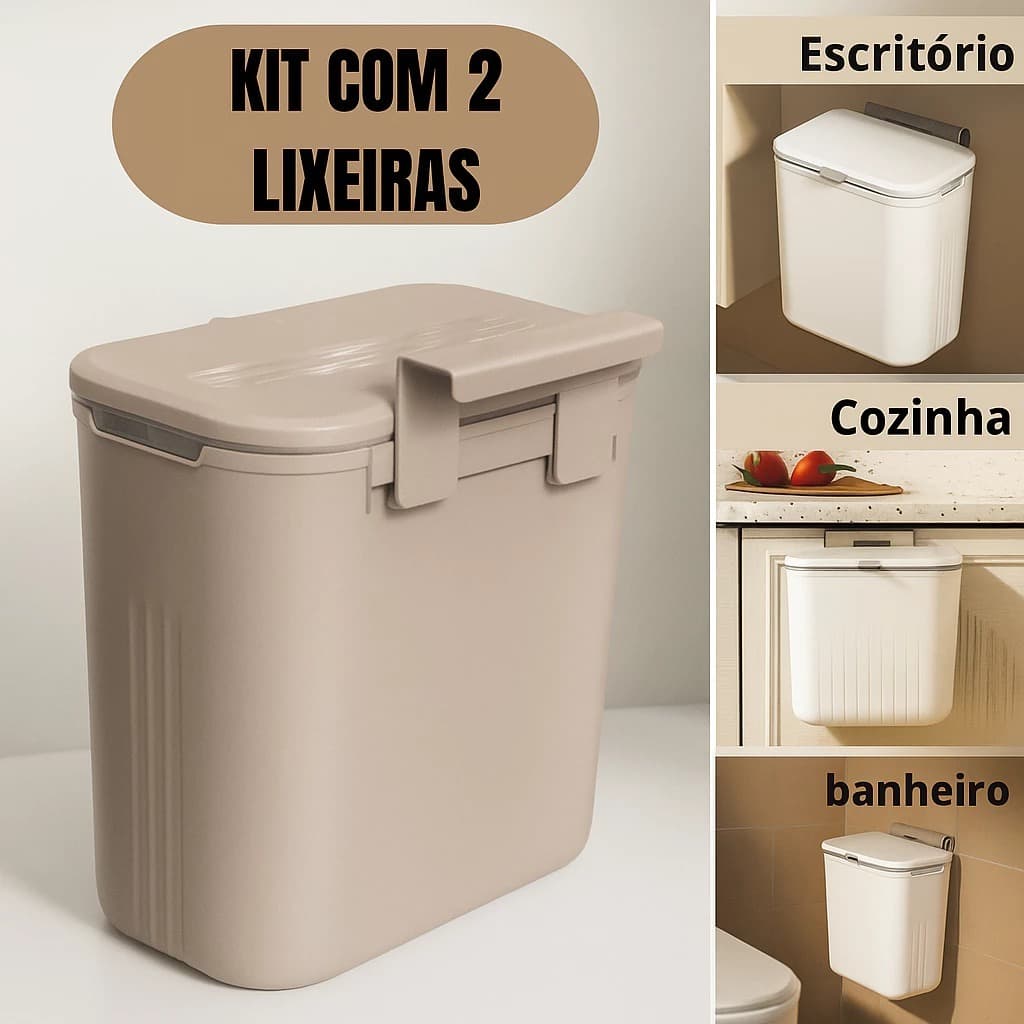 Lixeira Suspensa 9 Litros C/ Tampa E Suporte Alto De Adesivo PARA PENDURAR Cozinha E Banheiro Quarto