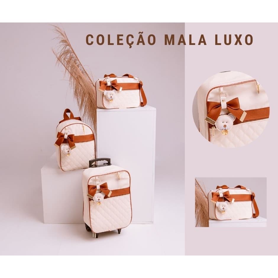 Bolsa Maternidade 3 Peças  Mala Mochila Luxo  Mala de Rodinha Laço Chaveiro Coleção Urso