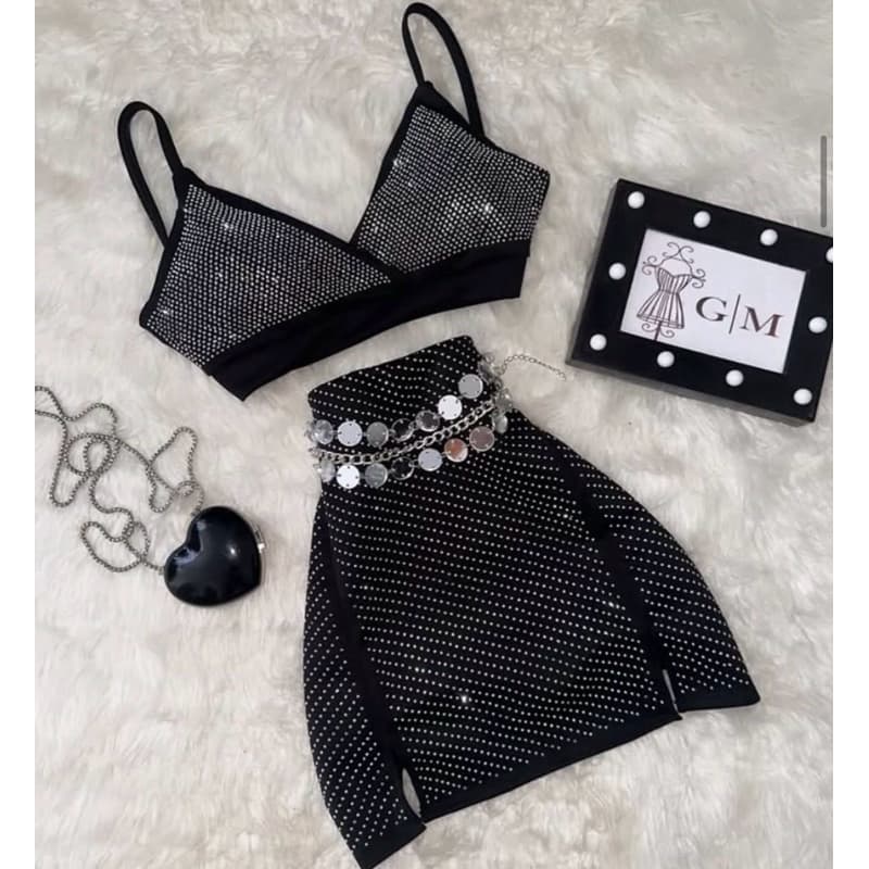 Conjunto Cropped Alcinha E Saia Pedraria Fenda Lateral