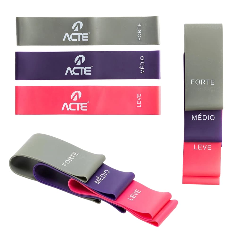 Kit 3 Faixas Elásticas Mini Band Acte T71-R 3 Intensidades Leve Médio Difícil - Treino em Casa