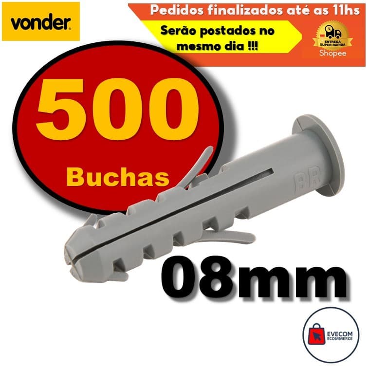 500 Peças Buchas de Fixação 08mm Vonder com Anel Para Concreto Parede Alvenaria Armarios Cantoneiras