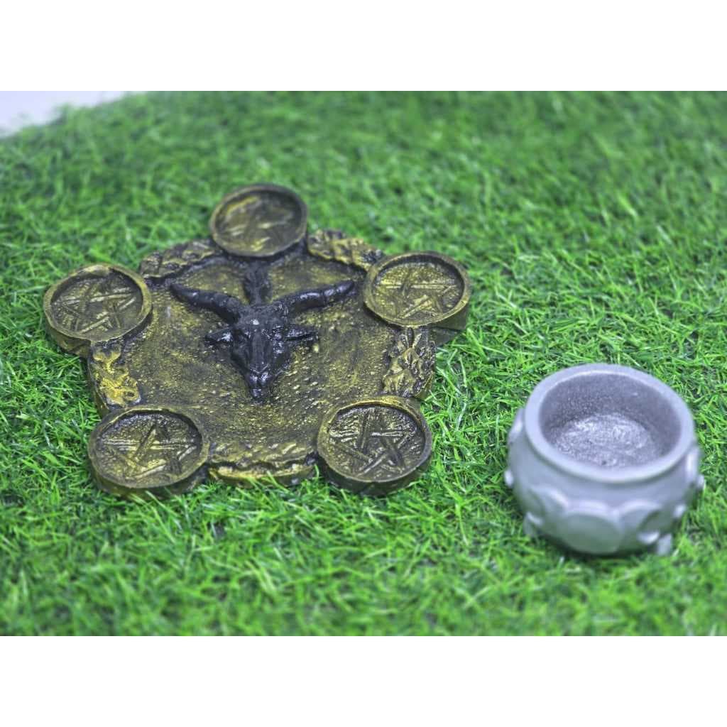 Kit Incensário Baphomet 15 cm + Incensário Caldeirão de Bruxa 6.5 cm em Resina Decoração Esotérica Artigos Religiosos