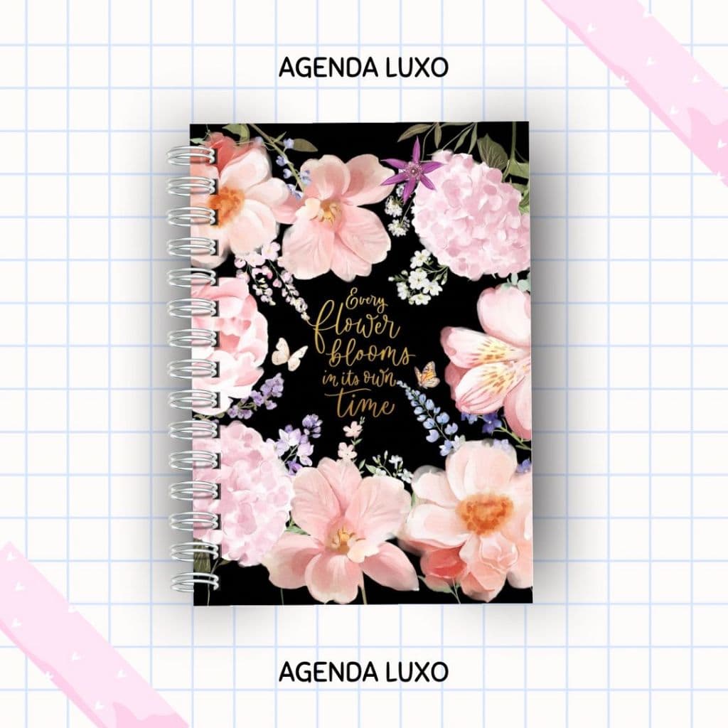 Agenda 2026 Feminina Personalizada                               com Nome e Estampa Floral Capa Dura A5 Clean Preta Luxo