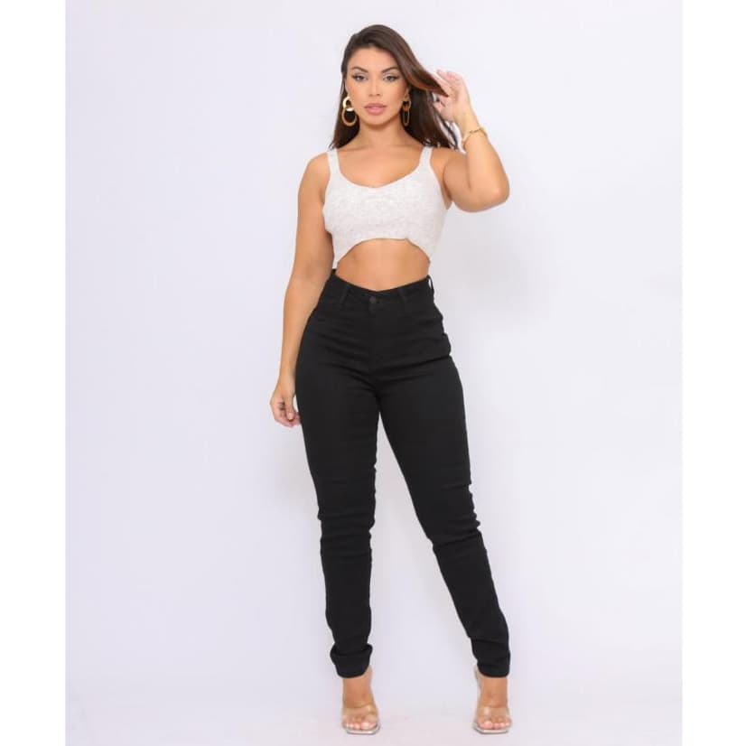 Calça Feminina Preta Jeans Com Lycra Skinny Cintura Alta Levanta Bumbum