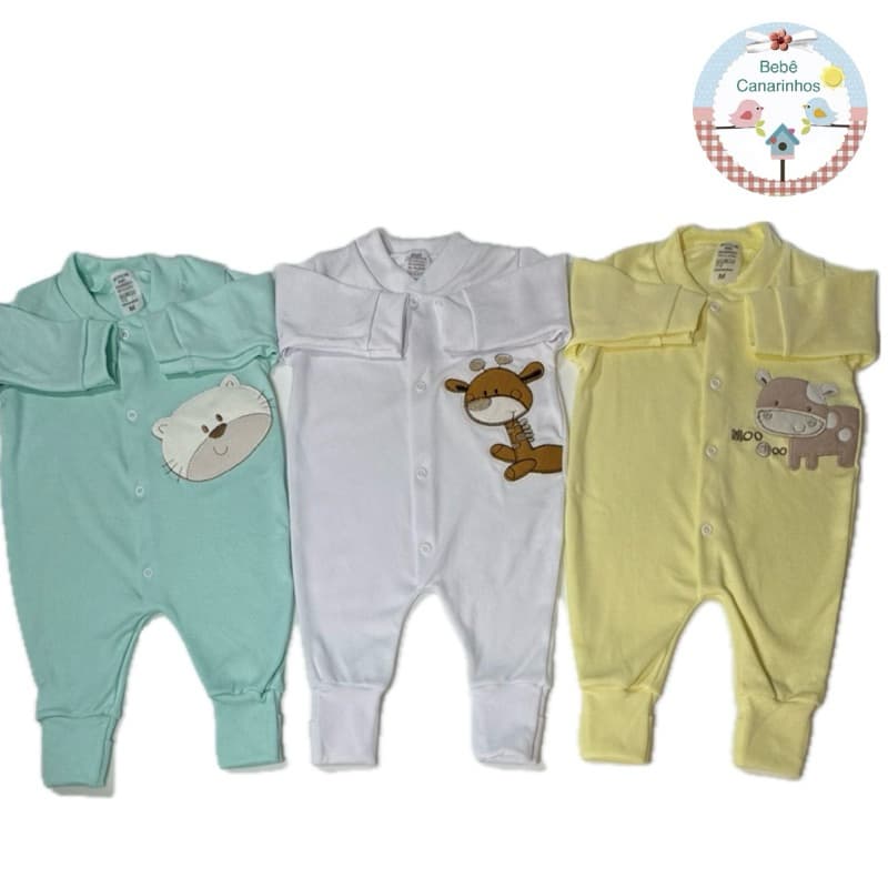 kit 3 Macacões de Bebê Canelado e Bordado Menino e Menina com Pé Reversível