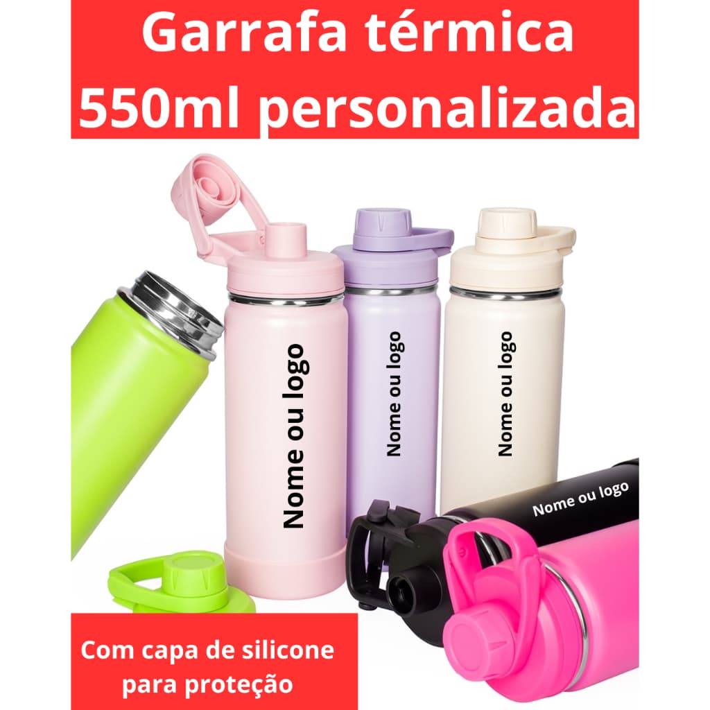 Garrafa Térmica Inox 600ml Personalizada + Protetor Silicone