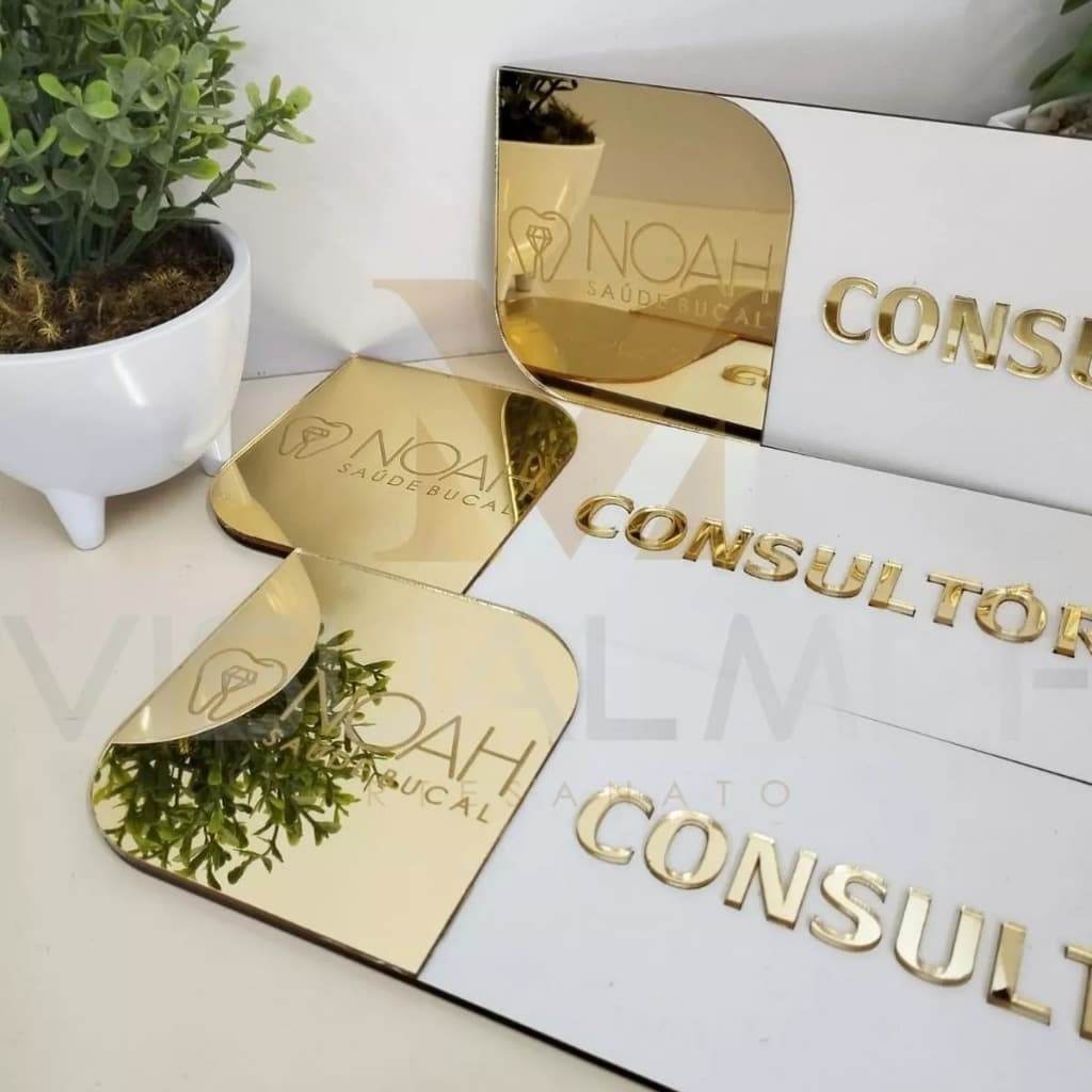 04 Placas Sinalização de Porta Mdf com Acrílico Espelhado Personalizada Identificação.