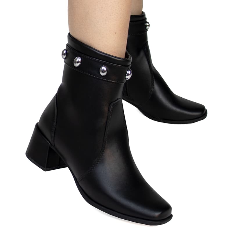 Bota Feminina Cano Curto Salto Grosso Detalhe em ABS Prata Casual Elegante Confortável AC
