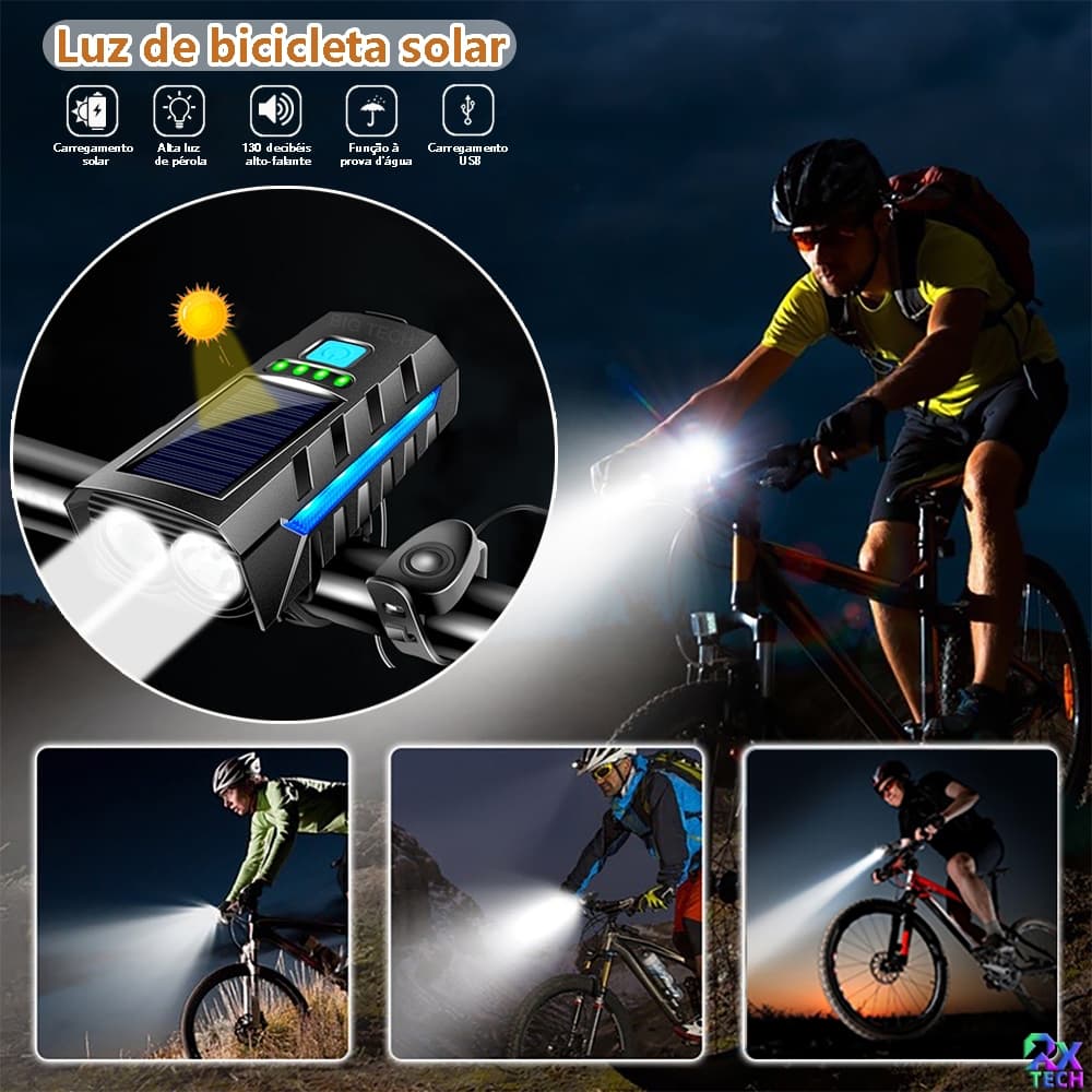 Kit Lanterna Bike Solar Com Buzina E Power Bank 12 Horas Recarregável À Prova D'Água Farol Bicicleta